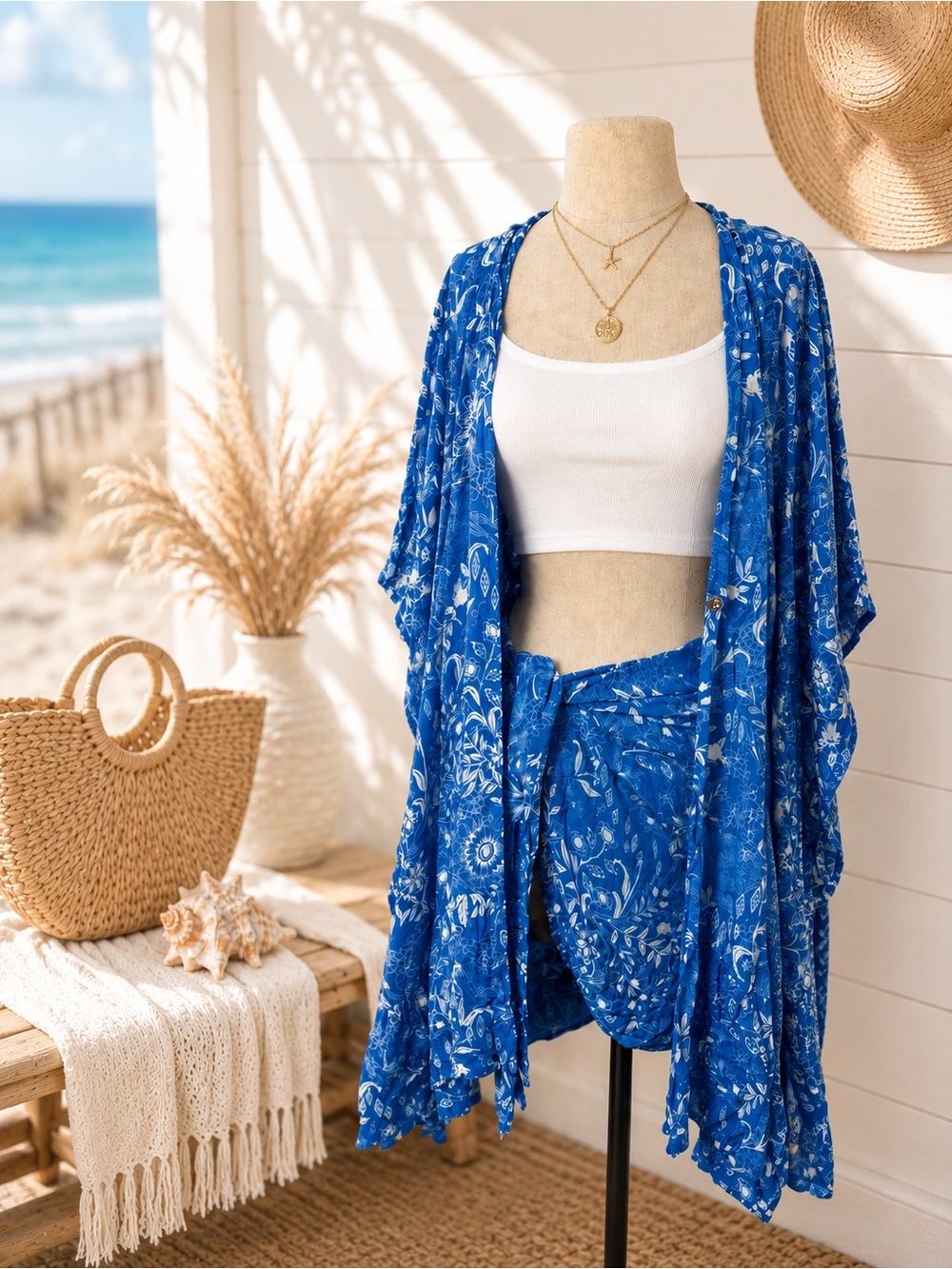 Blue Floral Beach Coverup Set skirt and wrap
